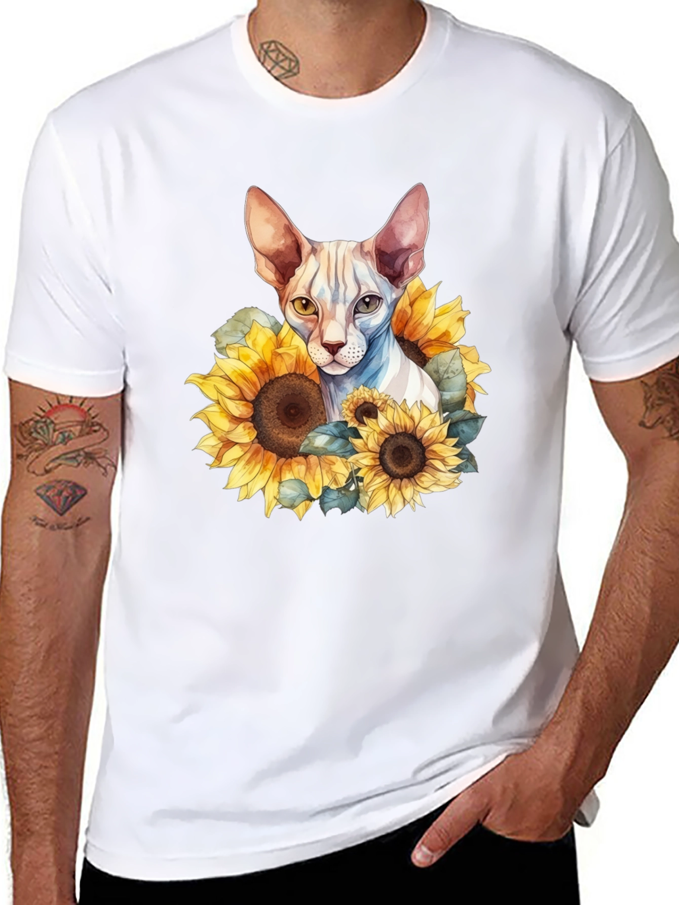 Sphynx Cat Sunflower Graphic Black T-Shirt