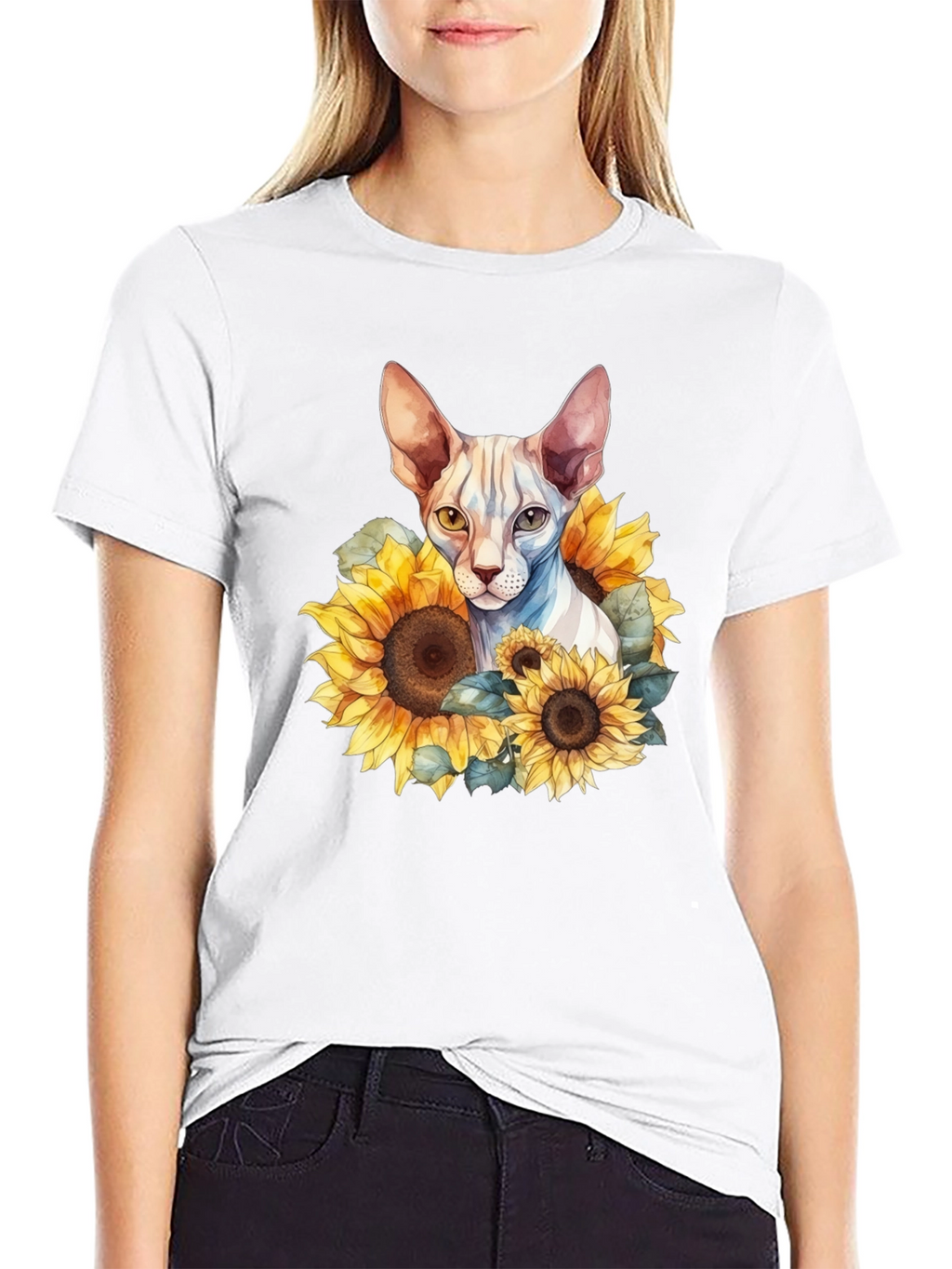 Sphynx Cat Sunflower Graphic Black T-Shirt