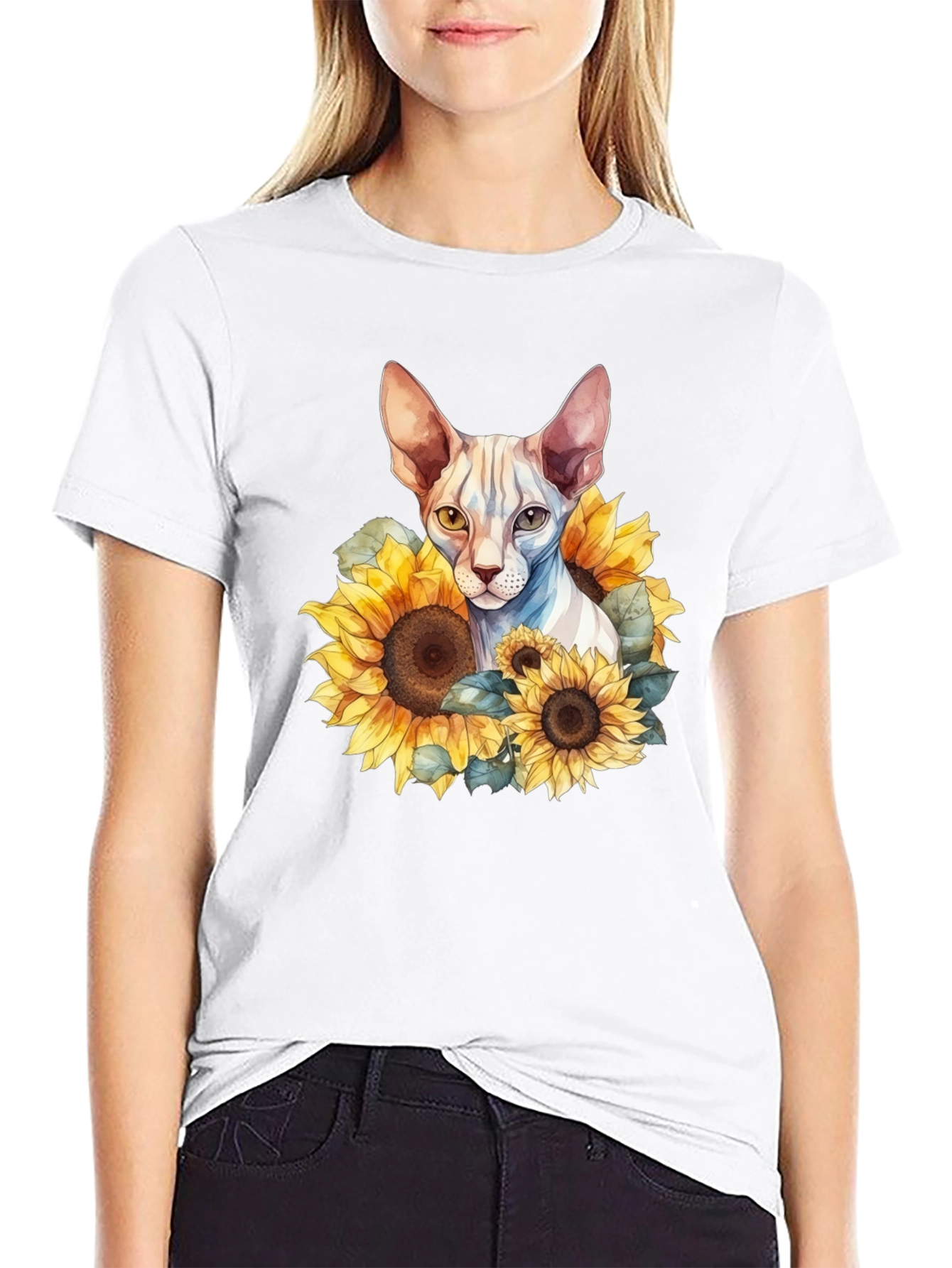 Sphynx Cat Sunflower Graphic Black T-Shirt