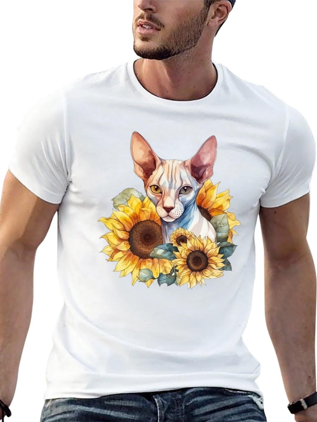 Sphynx Cat Sunflower Graphic Black T-Shirt