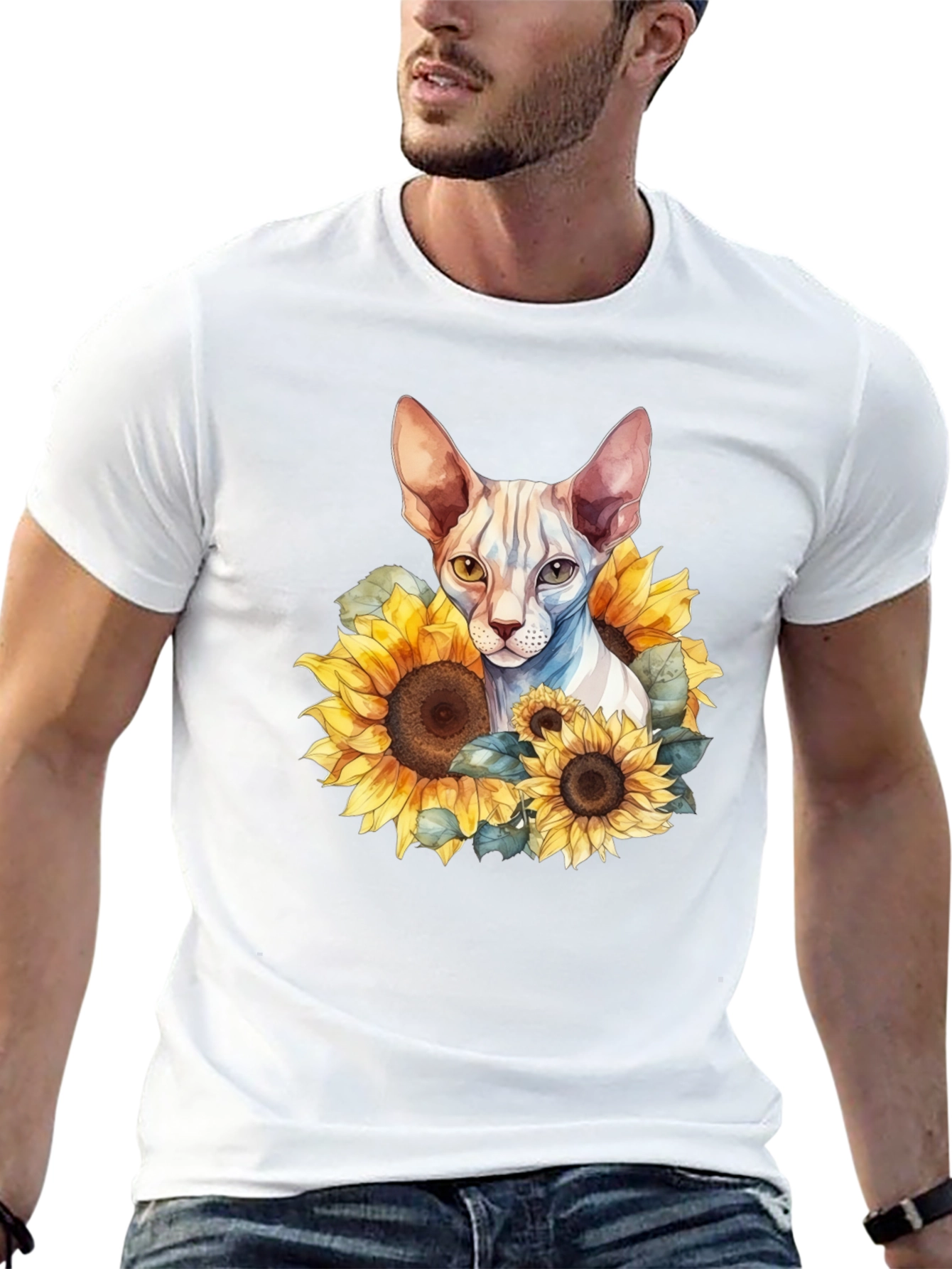 Sphynx Cat Sunflower Graphic Black T-Shirt