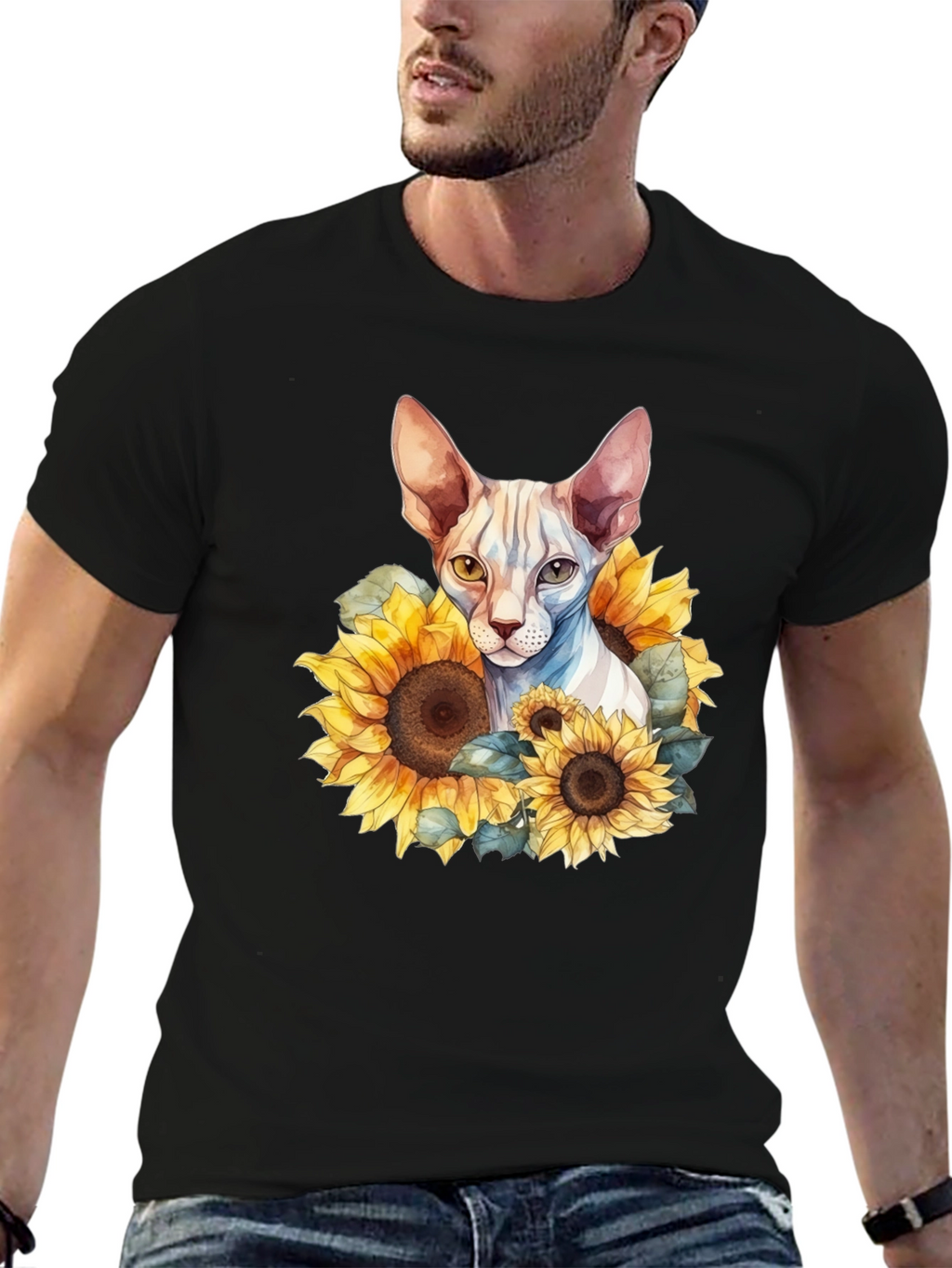 Sphynx Cat Sunflower Graphic Black T-Shirt