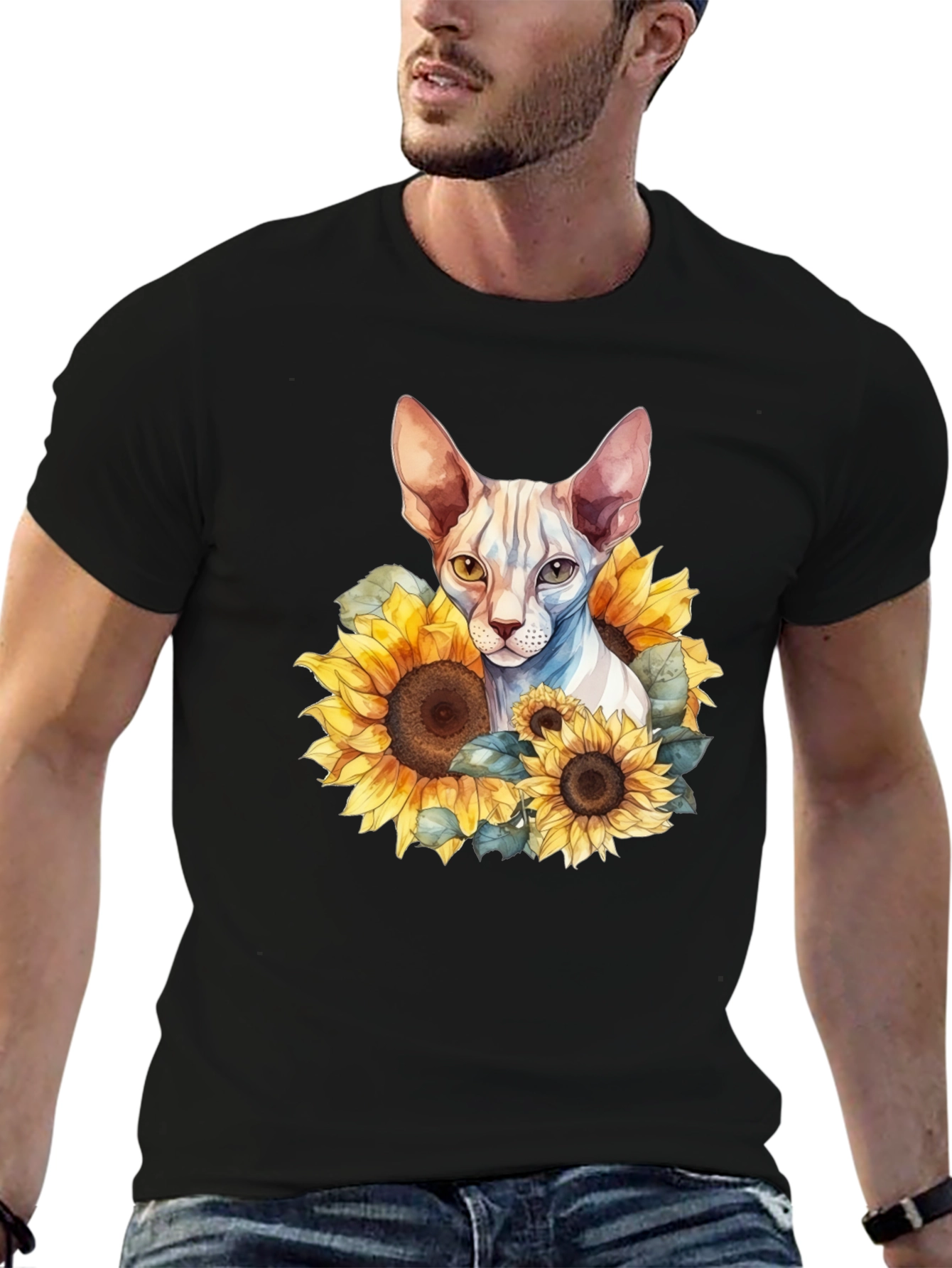 Sphynx Cat Sunflower Graphic Black T-Shirt