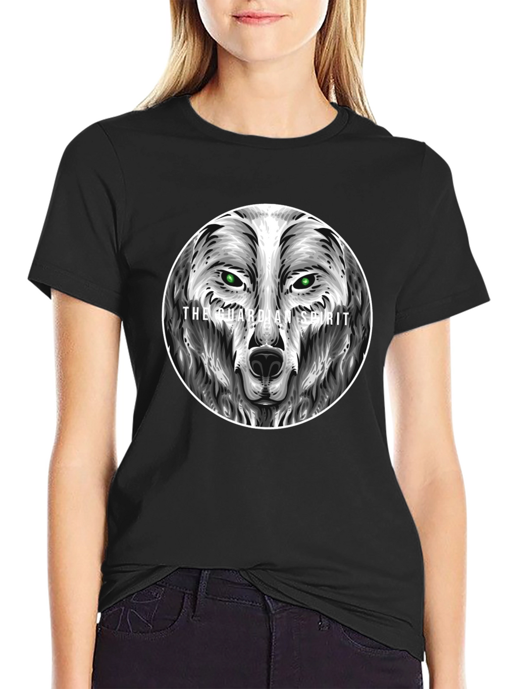 Guardian Spirit Wolf Graphic T-Shirt - Black