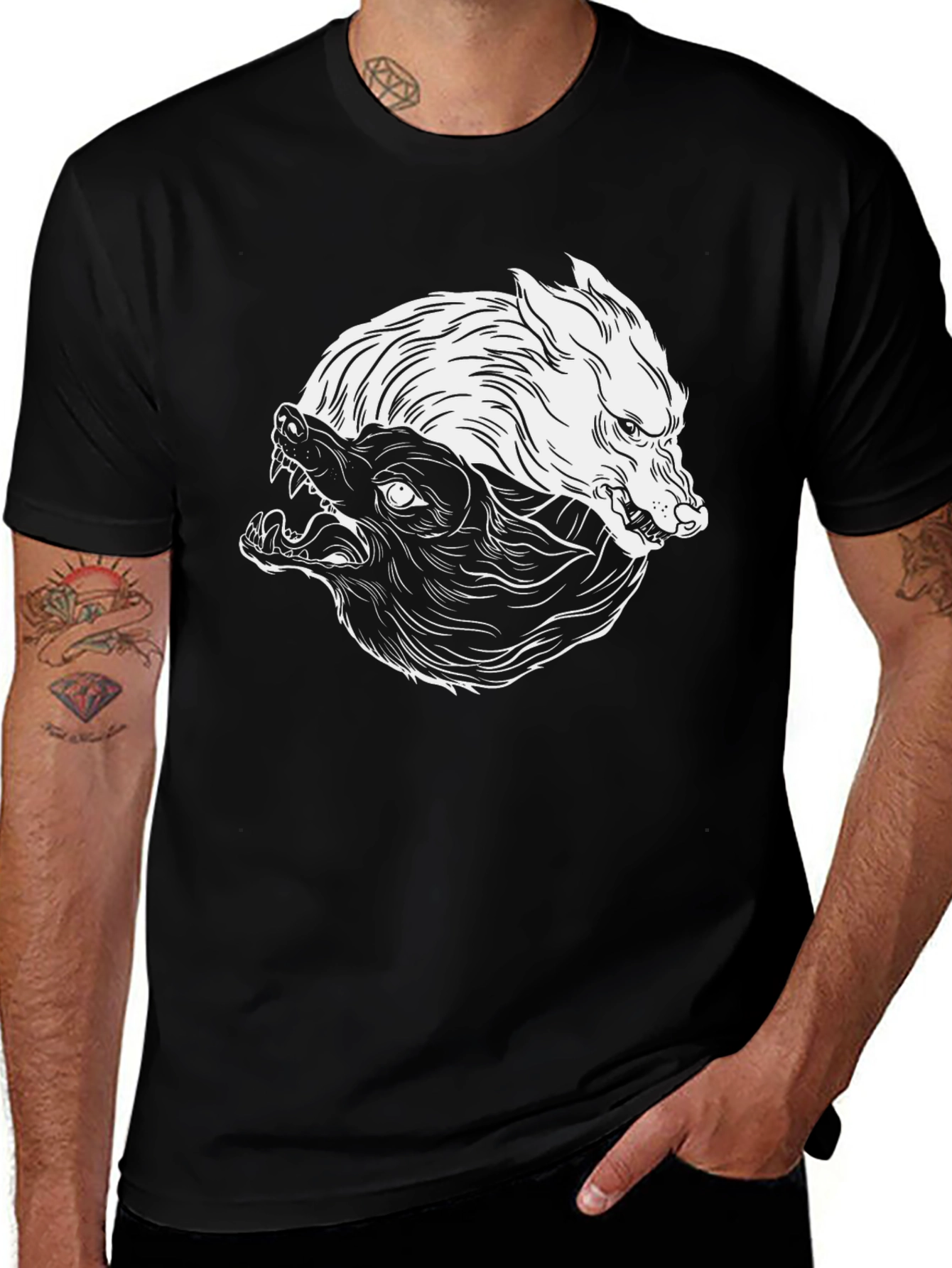 Yin Yang Wolves Graphic Tee - Black Cotton Blend