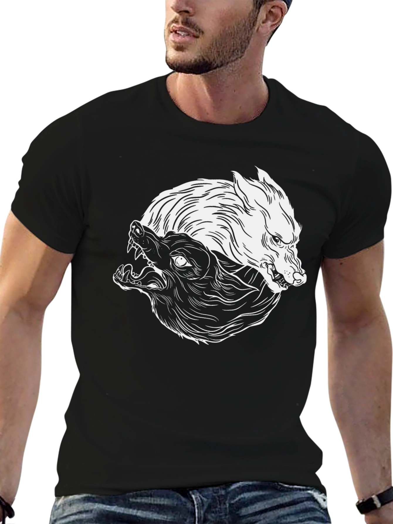 Yin Yang Wolves Graphic Tee - Black Cotton Blend