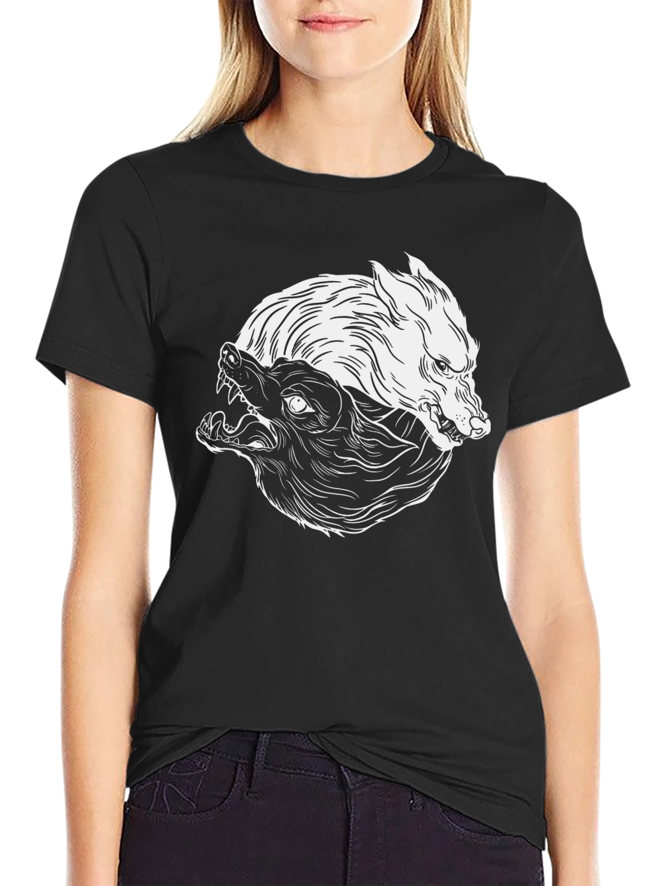 Yin Yang Wolves Graphic Tee - Black Cotton Blend