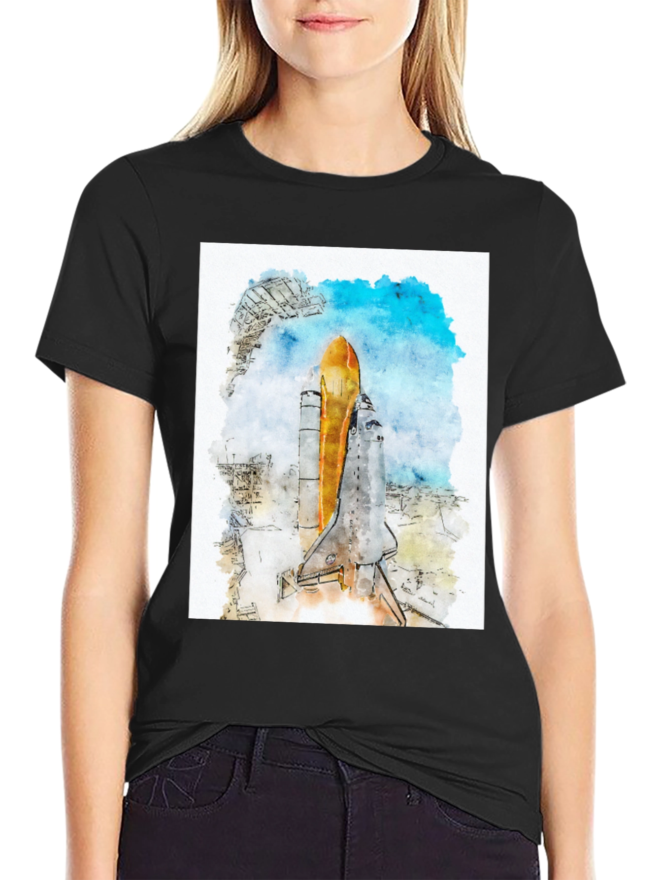 Watercolor Space Shuttle Launch Graphic Tee