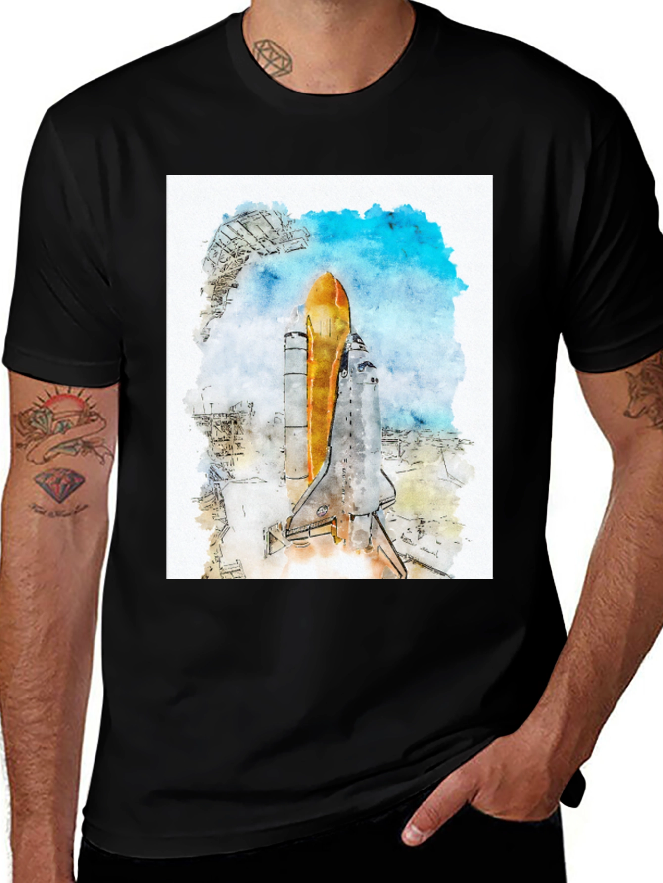 Watercolor Space Shuttle Launch Graphic Tee