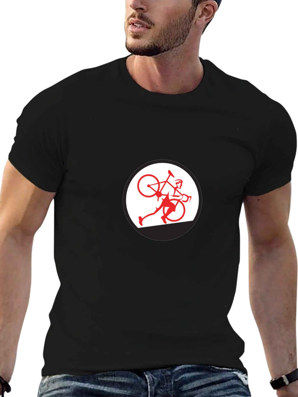 Black T-Shirt with Cyclist Graphic
