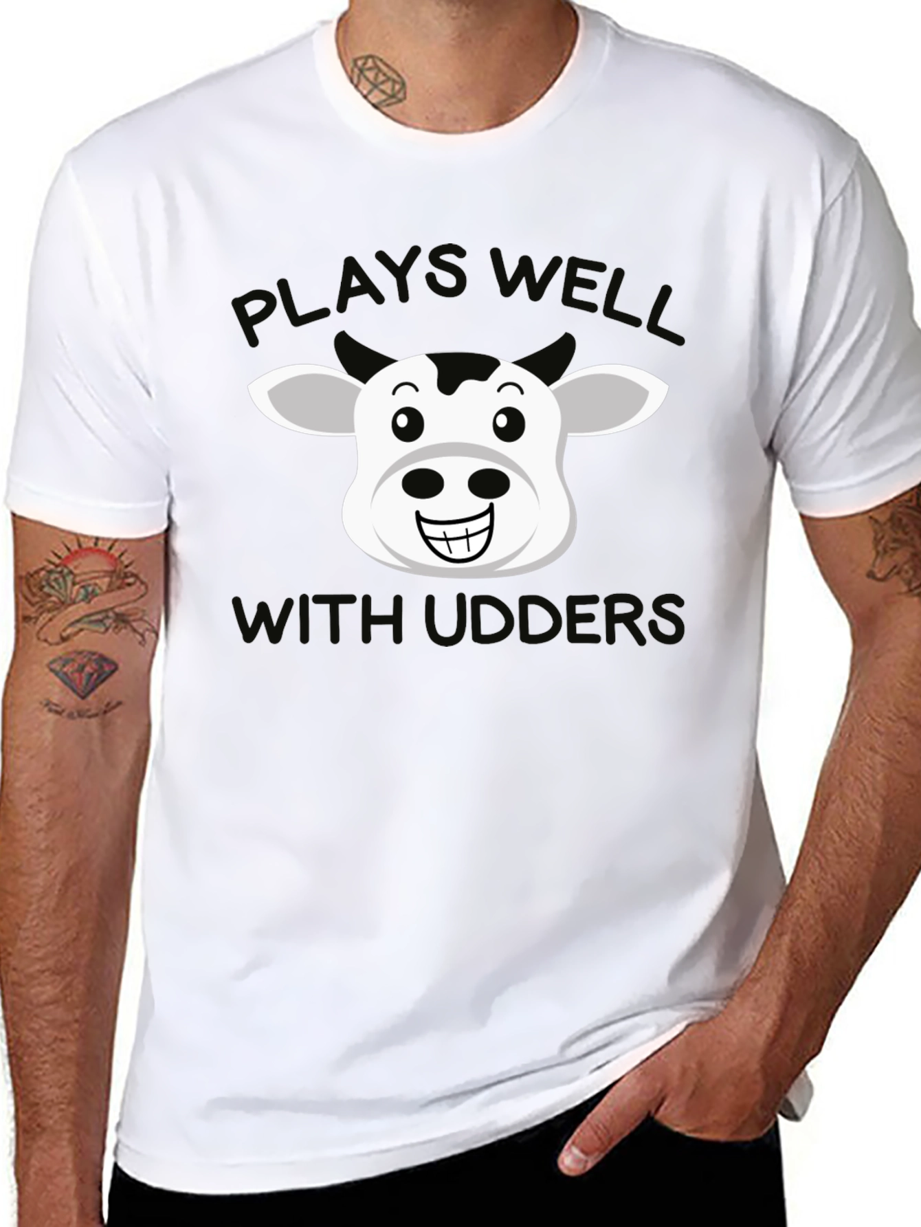 Plays Well With Udders T-Shirt - Funny Cow Tee