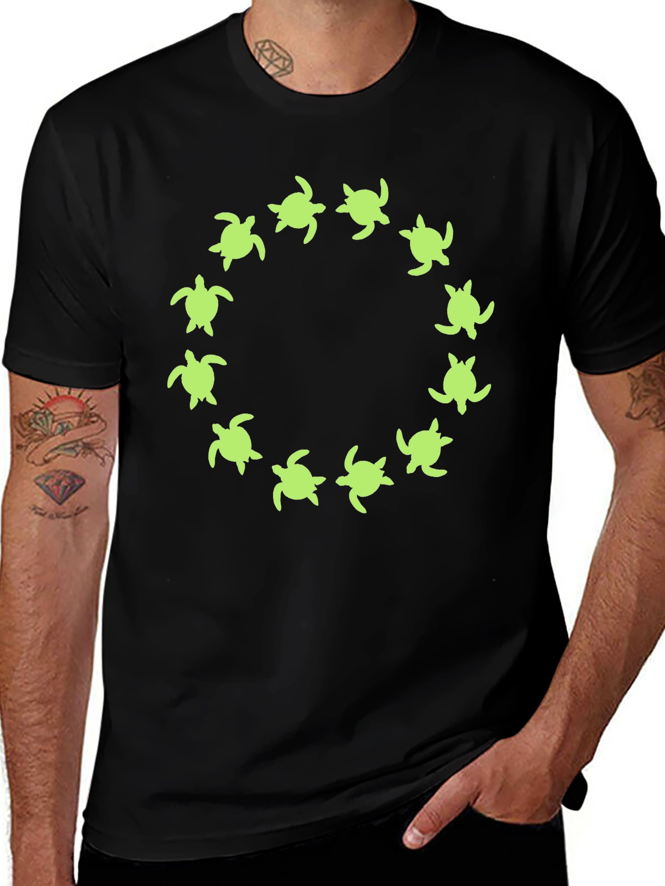 Turtle Circle Graphic Tee - Black Cotton Shirt