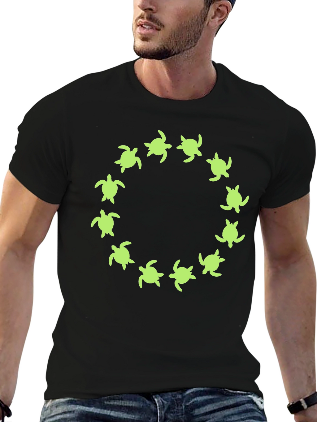 Turtle Circle Graphic Tee - Black Cotton Shirt