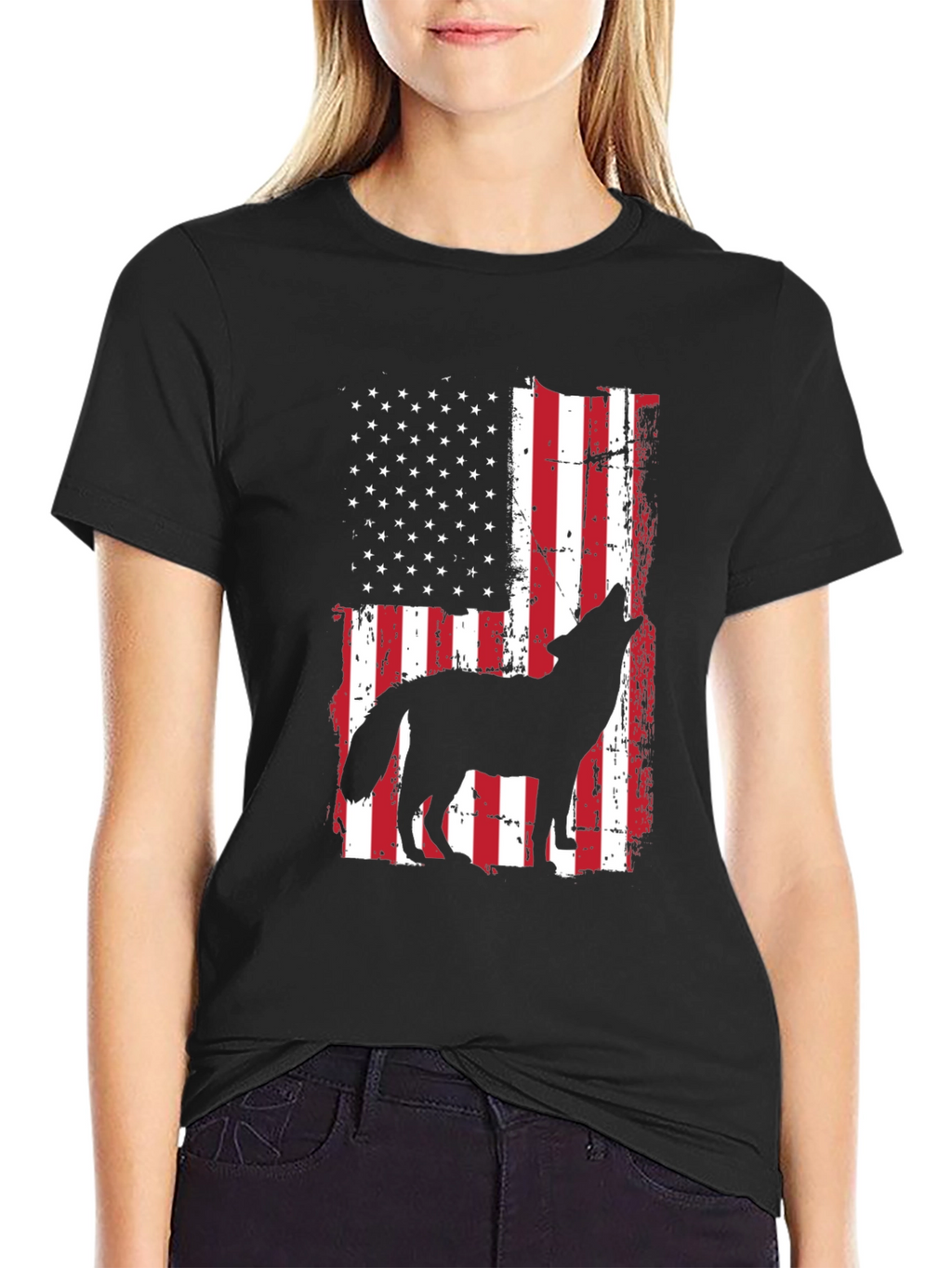 Wolf Howling American Flag T-Shirt Patriotic USA Tee