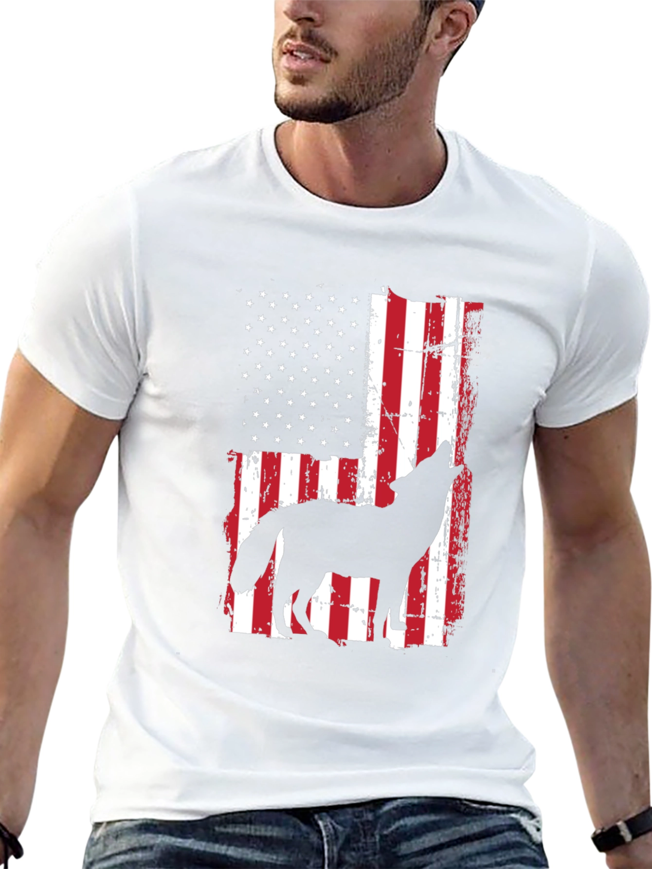 Wolf Howling American Flag T-Shirt Patriotic USA Tee