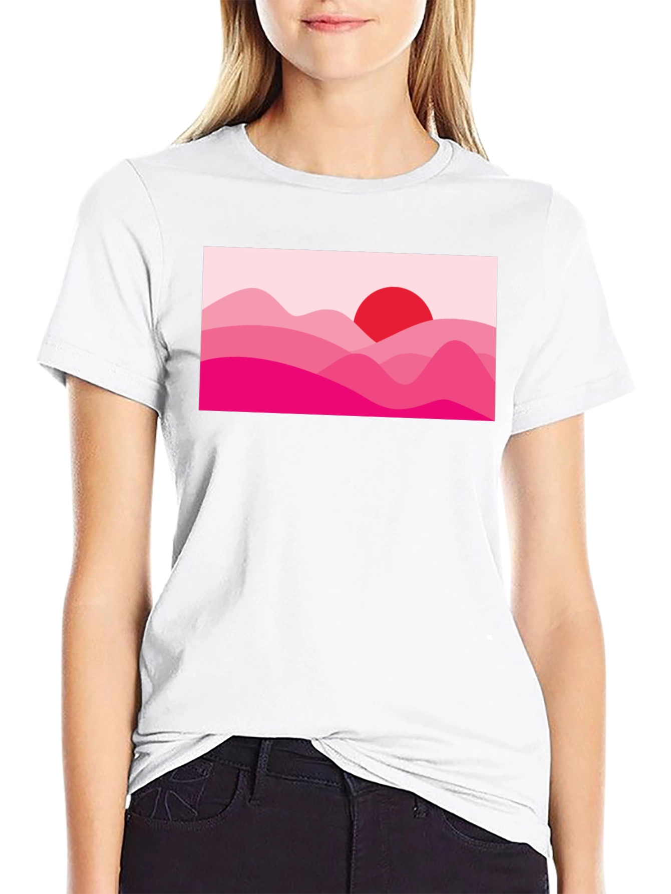 Sunset Pink Mountain Graphic Black T-Shirt