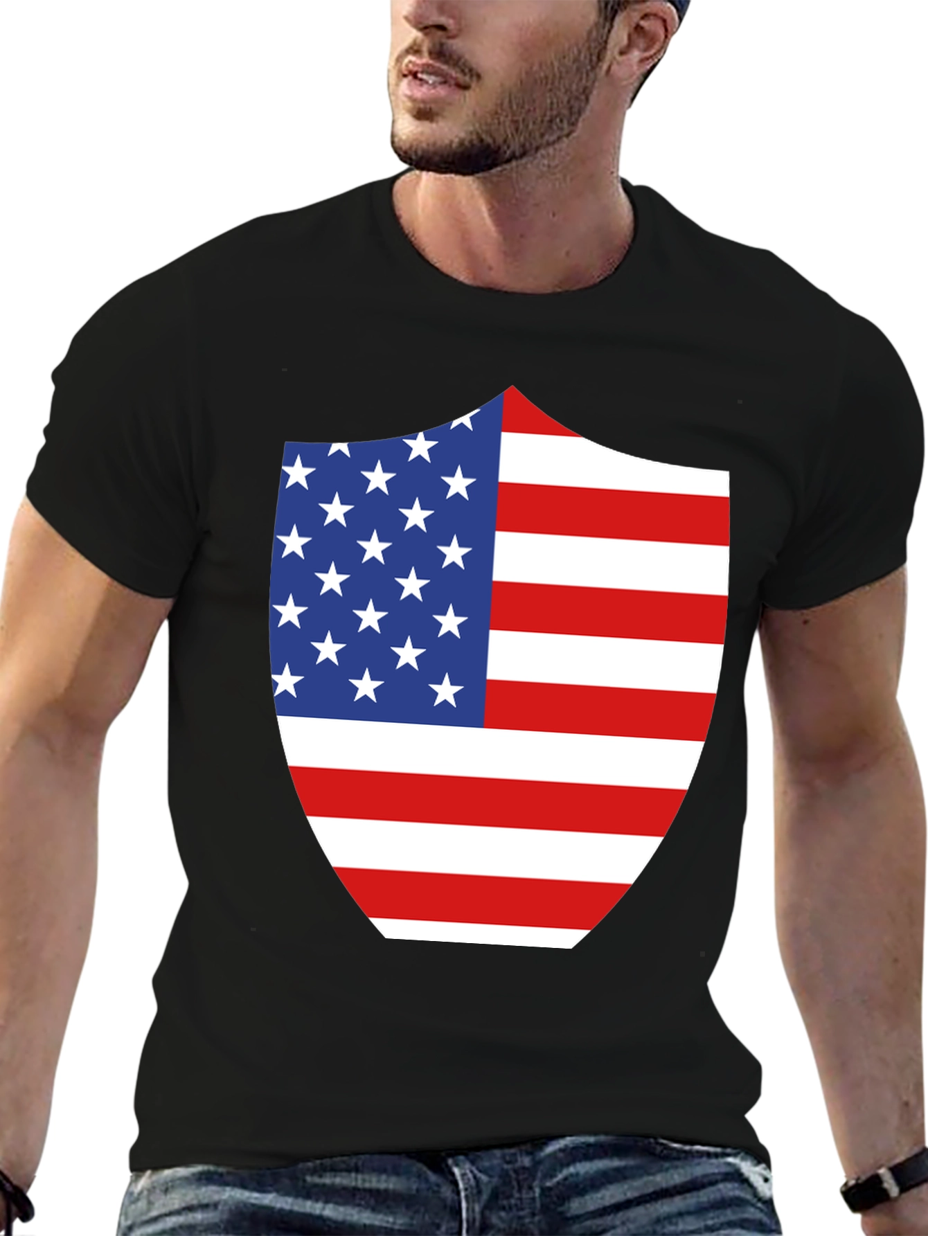 American Flag Shield Graphic Tee - Patriotic Black T-Shirt