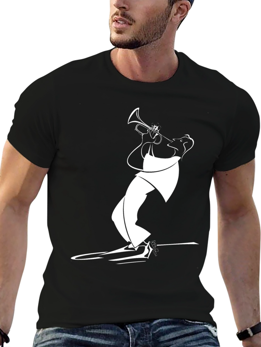 Black T-Shirt with White Jazz Musician Design