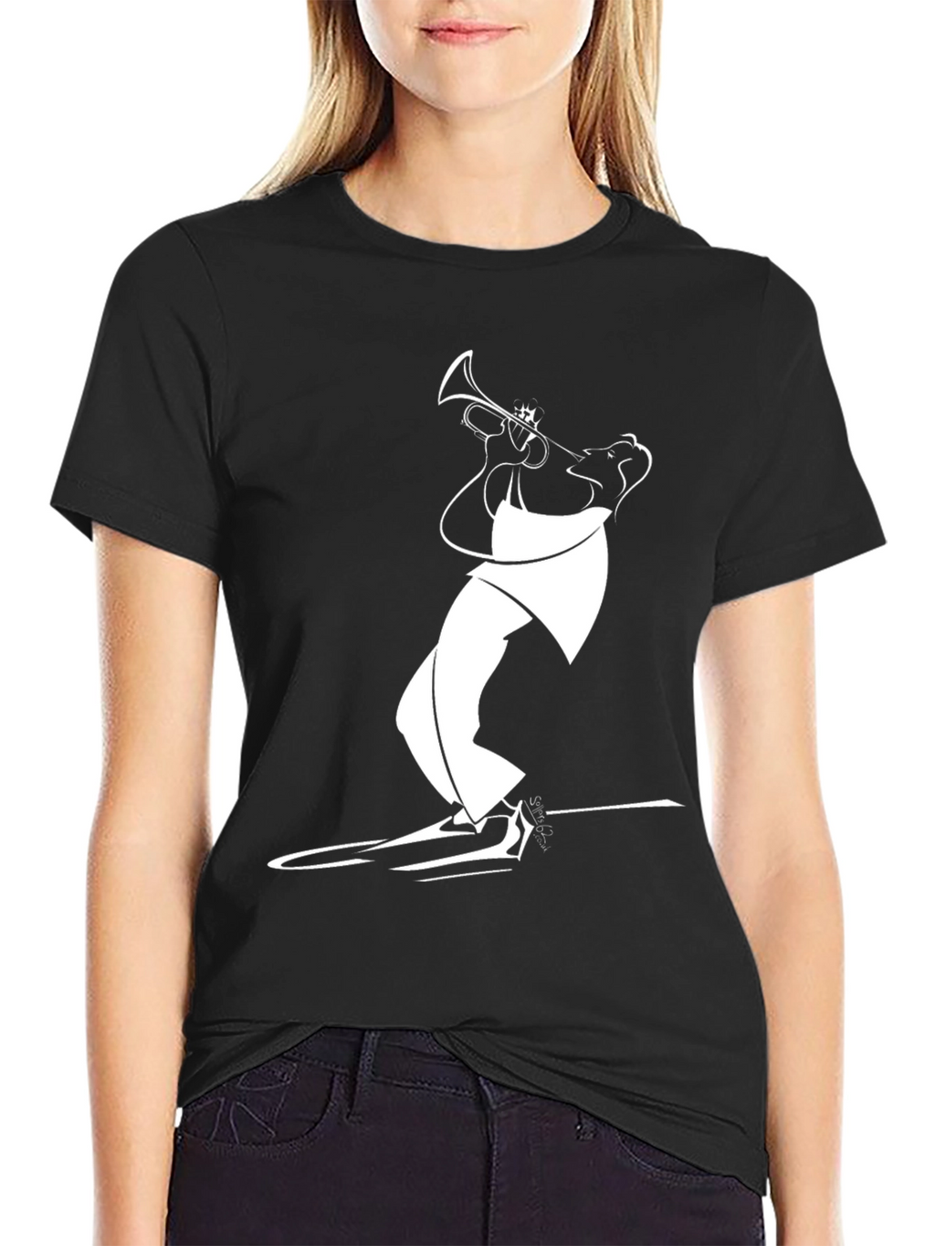 Black T-Shirt with White Jazz Musician Design