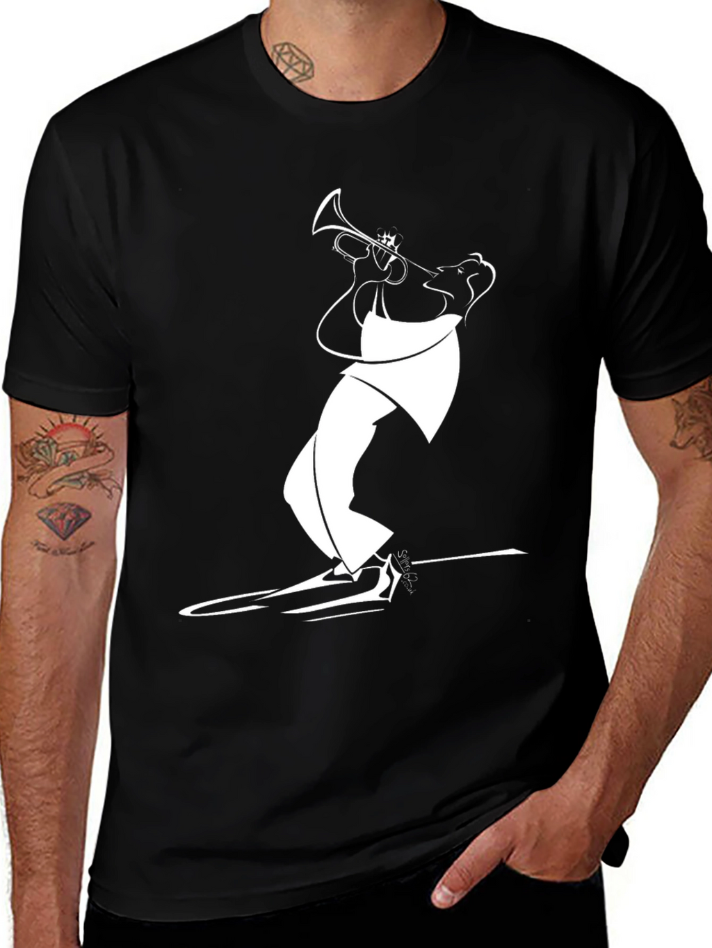 Black T-Shirt with White Jazz Musician Design