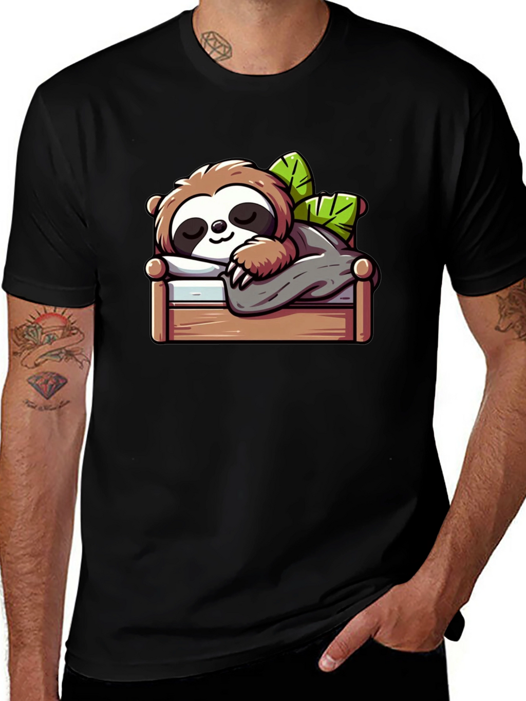Sleeping Sloth Graphic Tee - Black Cotton Comfort