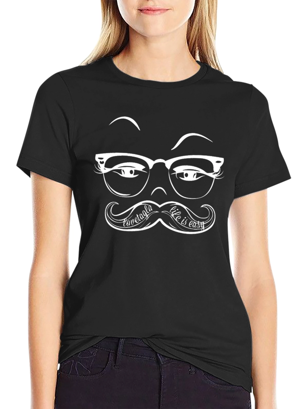 Funny Moustache Glasses Graphic Black T-Shirt