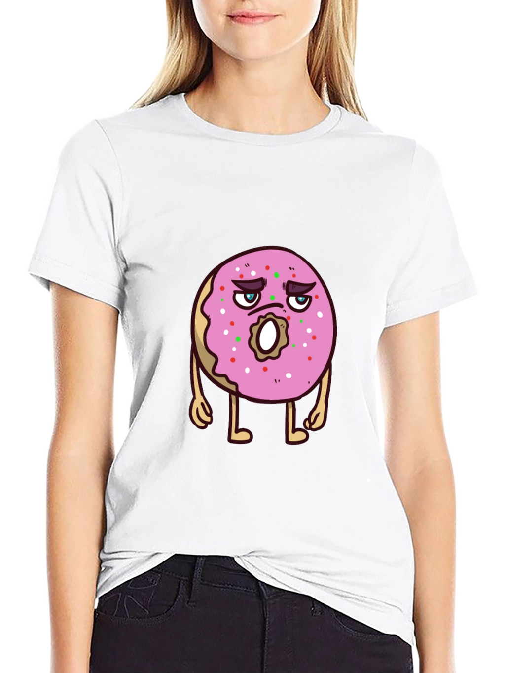 Cartoon Donut Graphic Tee - Black Cotton T-Shirt
