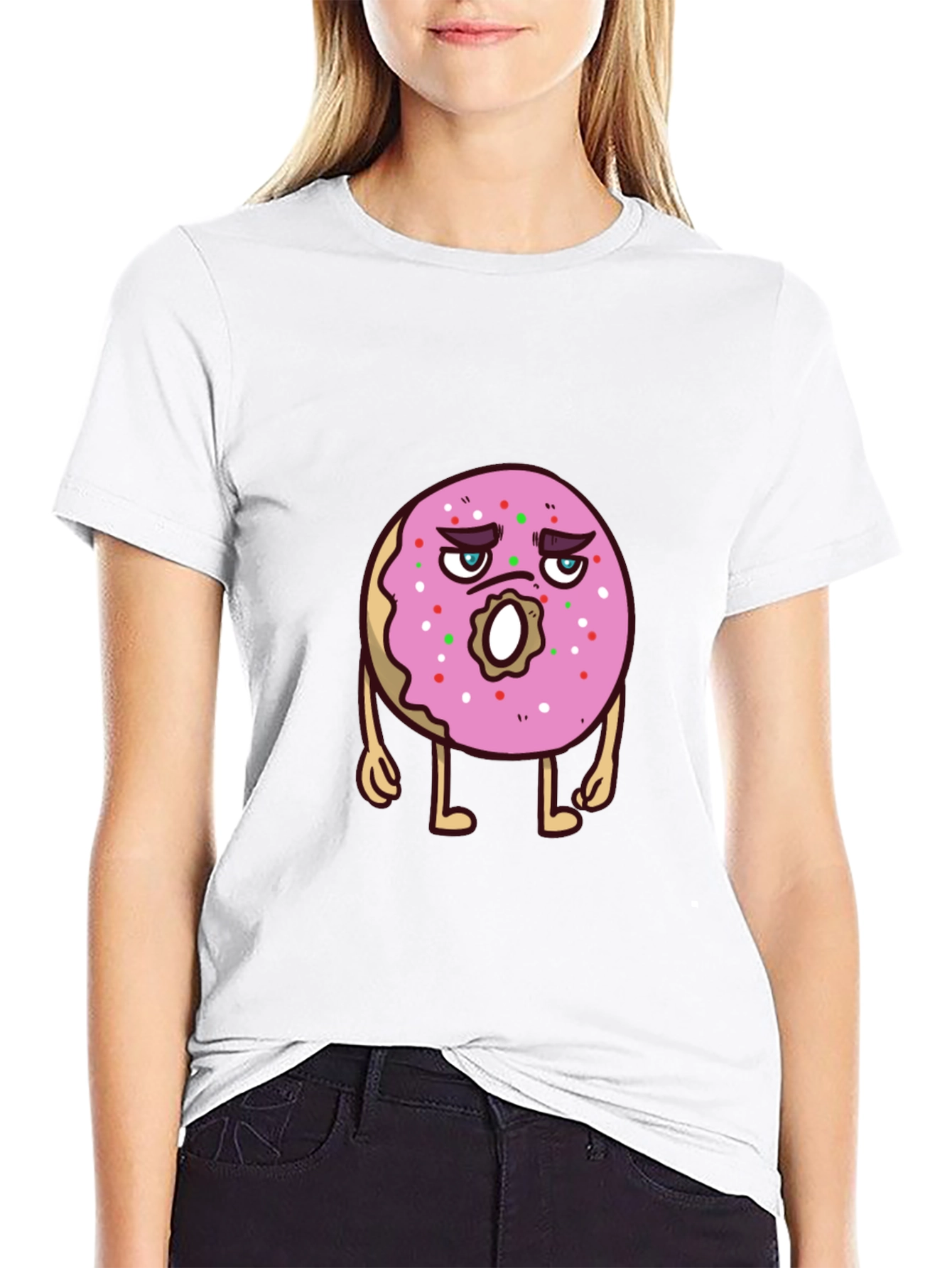 Cartoon Donut Graphic Tee - Black Cotton T-Shirt