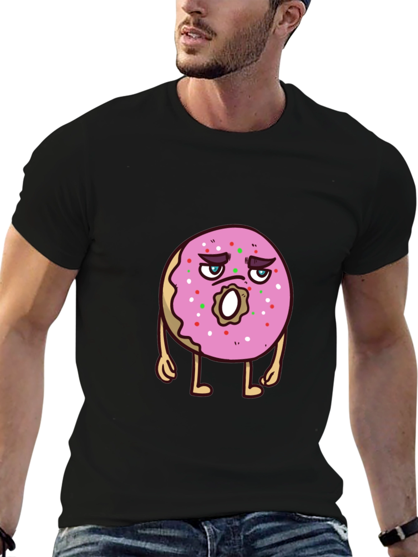 Cartoon Donut Graphic Tee - Black Cotton T-Shirt