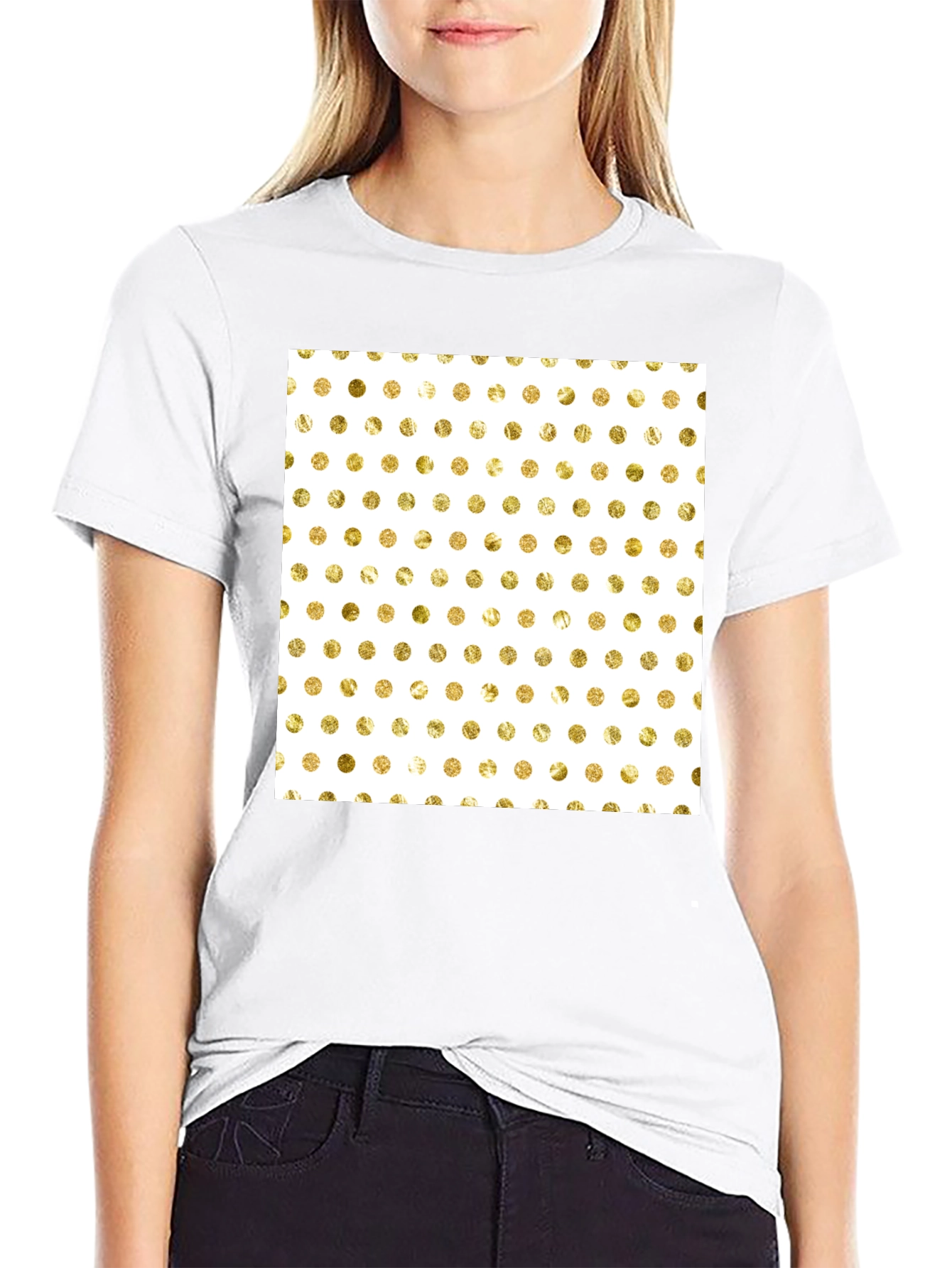 Trendy Black T-Shirt with Gold Polka Dot Design