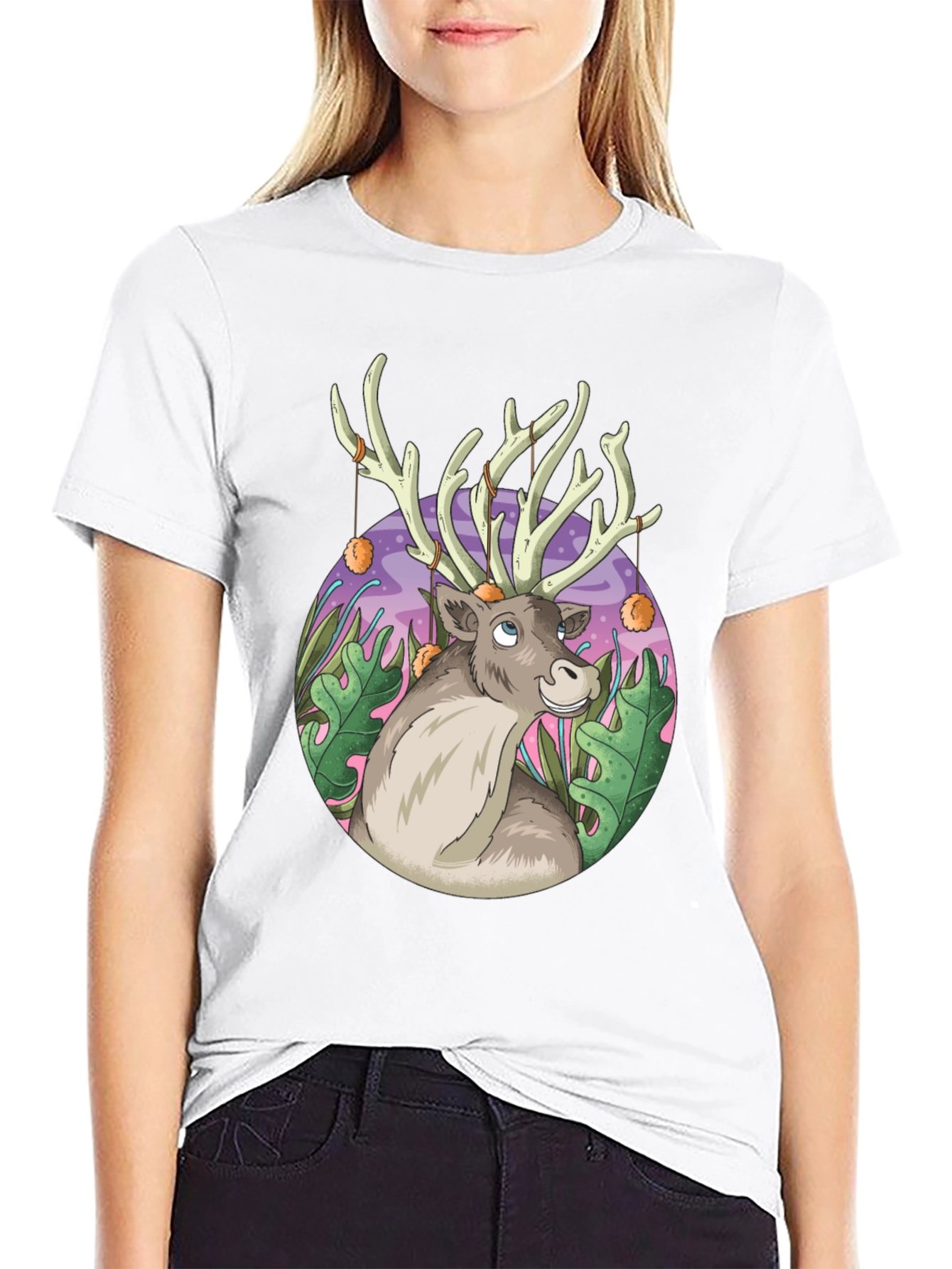 Reindeer Graphic Tee - Black Cotton Casual Top