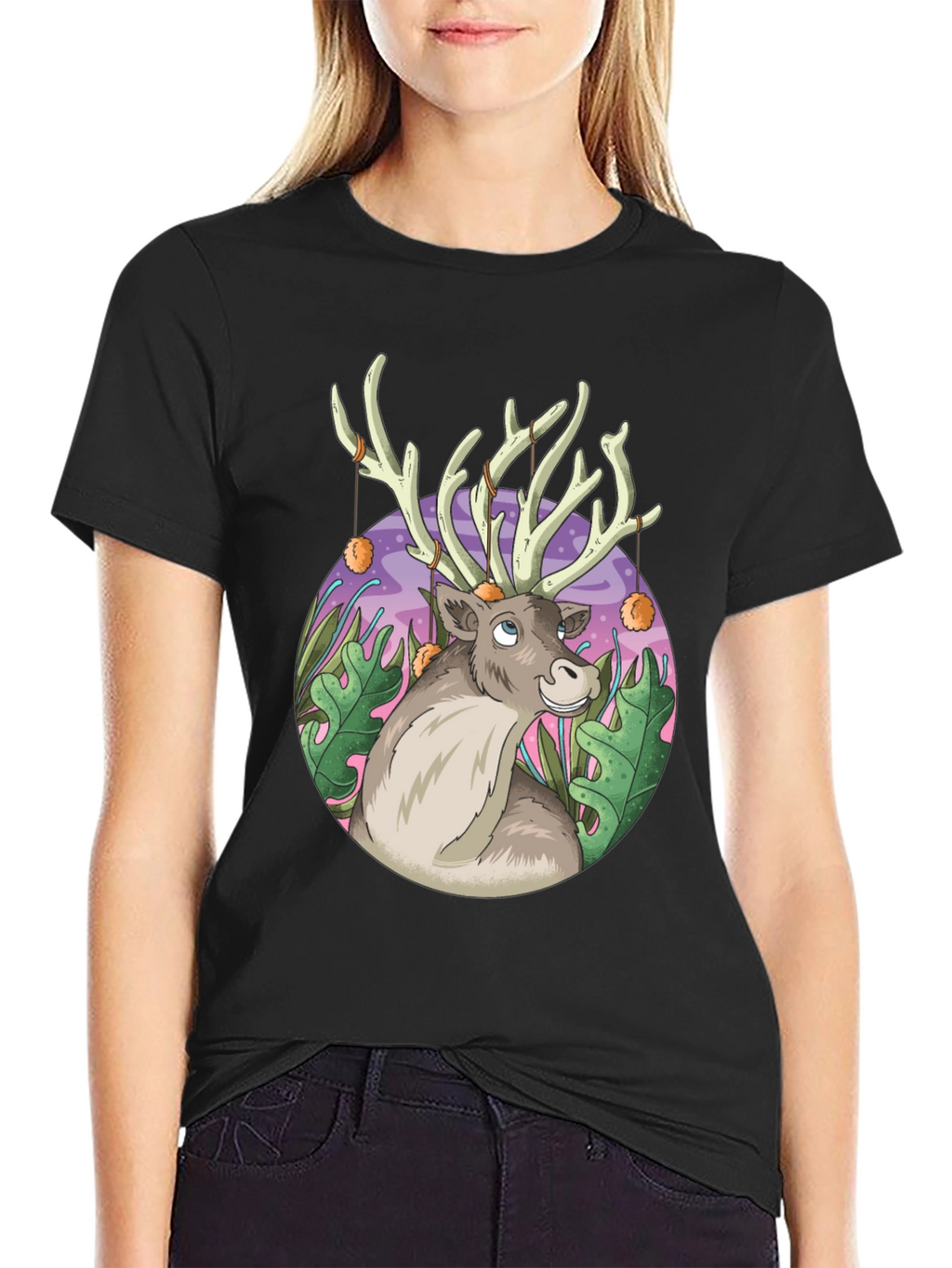 Reindeer Graphic Tee - Black Cotton Casual Top