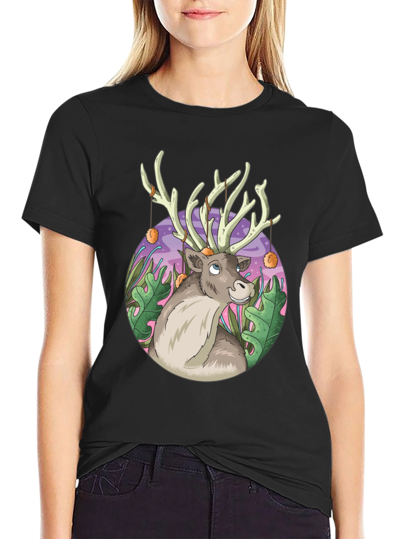 Reindeer Graphic Tee - Black Cotton Casual Top