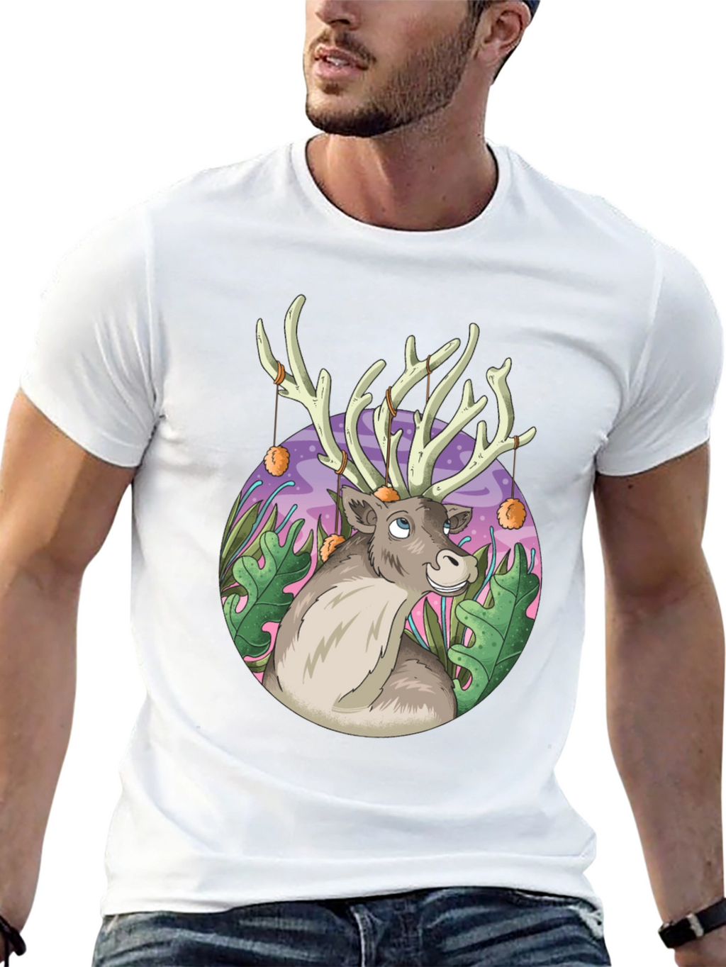 Reindeer Graphic Tee - Black Cotton Casual Top