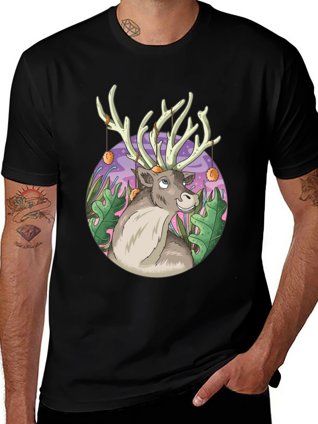 Reindeer Graphic Tee - Black Cotton Casual Top