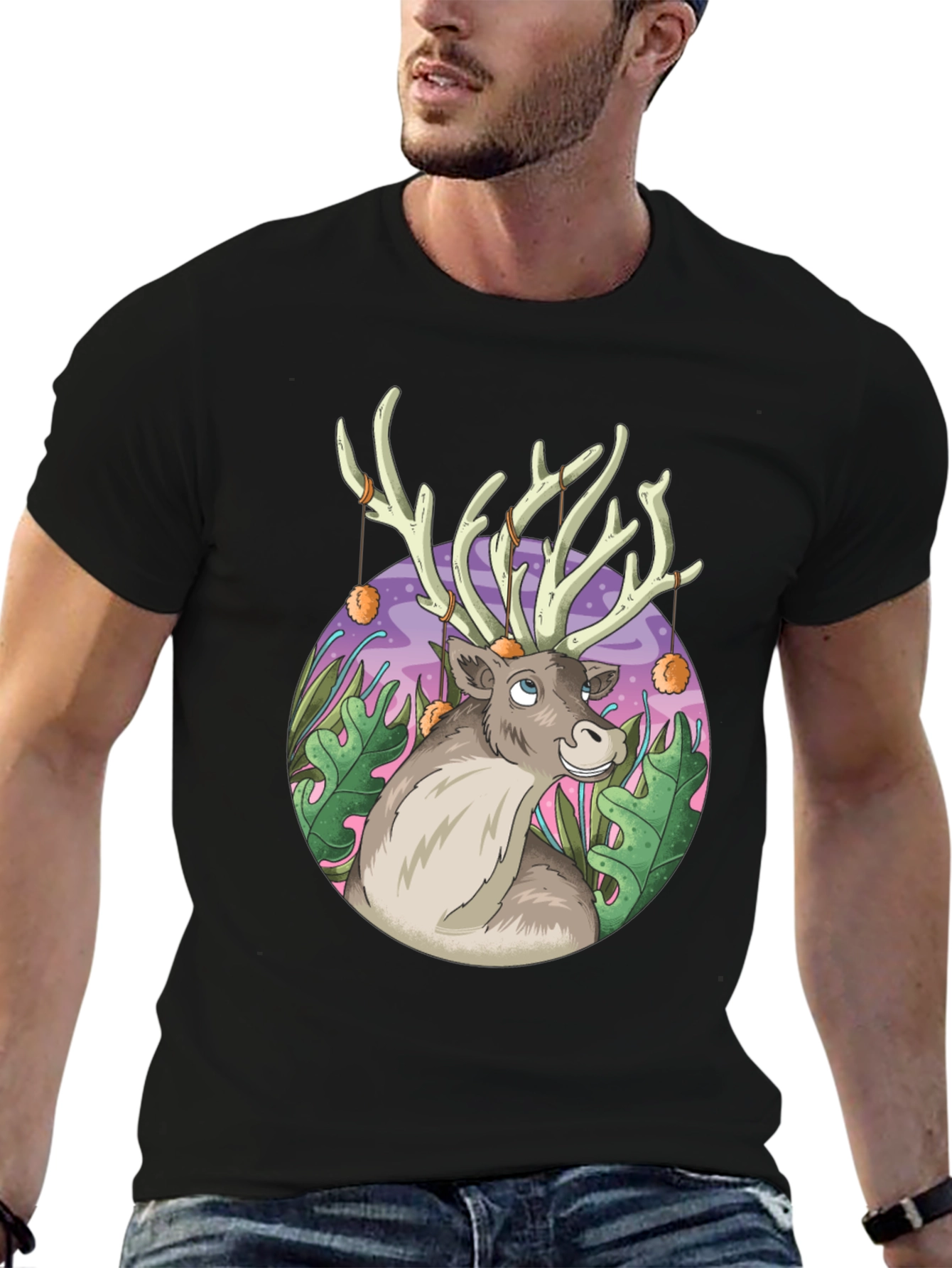 Reindeer Graphic Tee - Black Cotton Casual Top