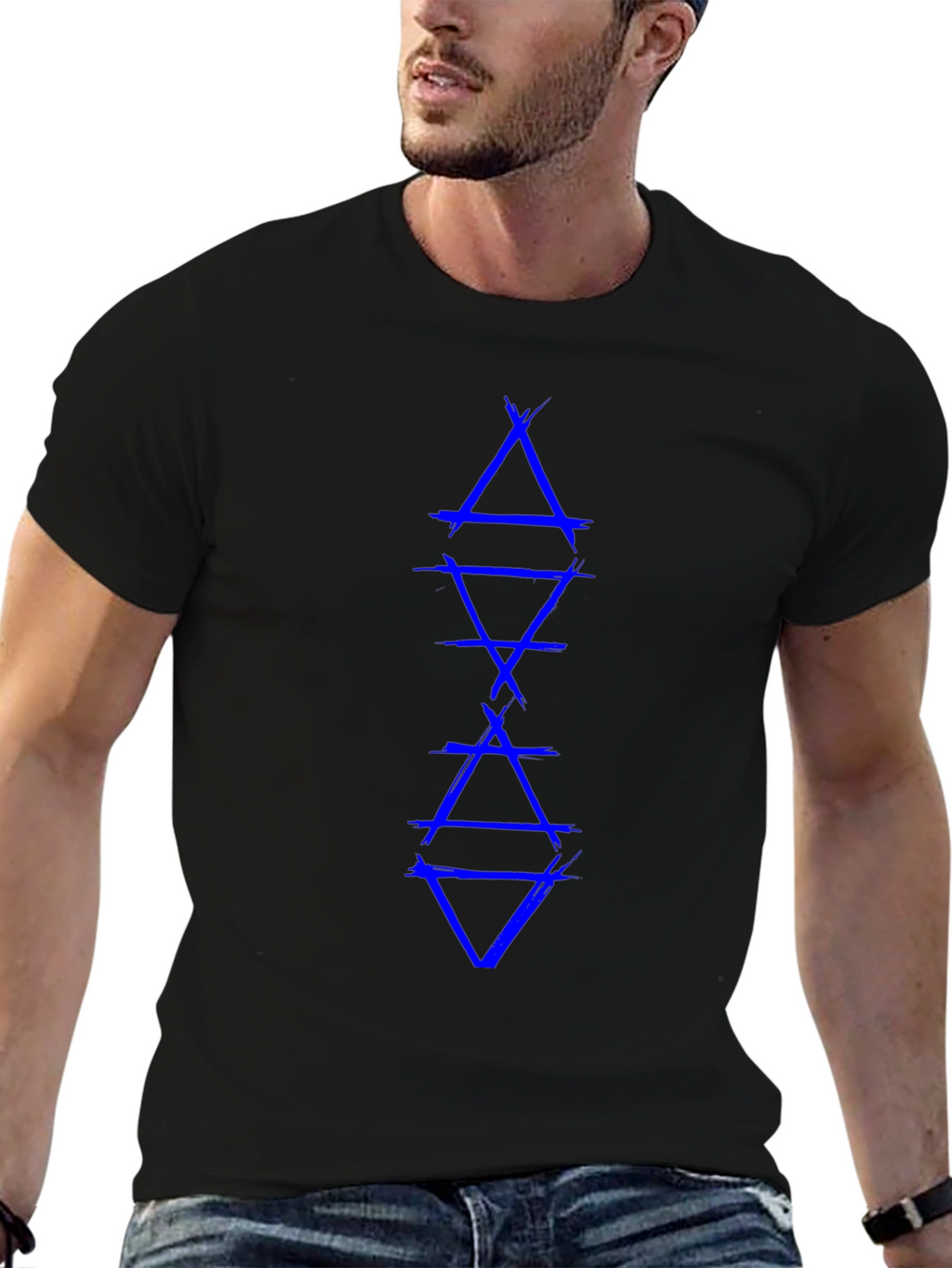 Geometric Triangle Graphic Tee - Blue Design on Black