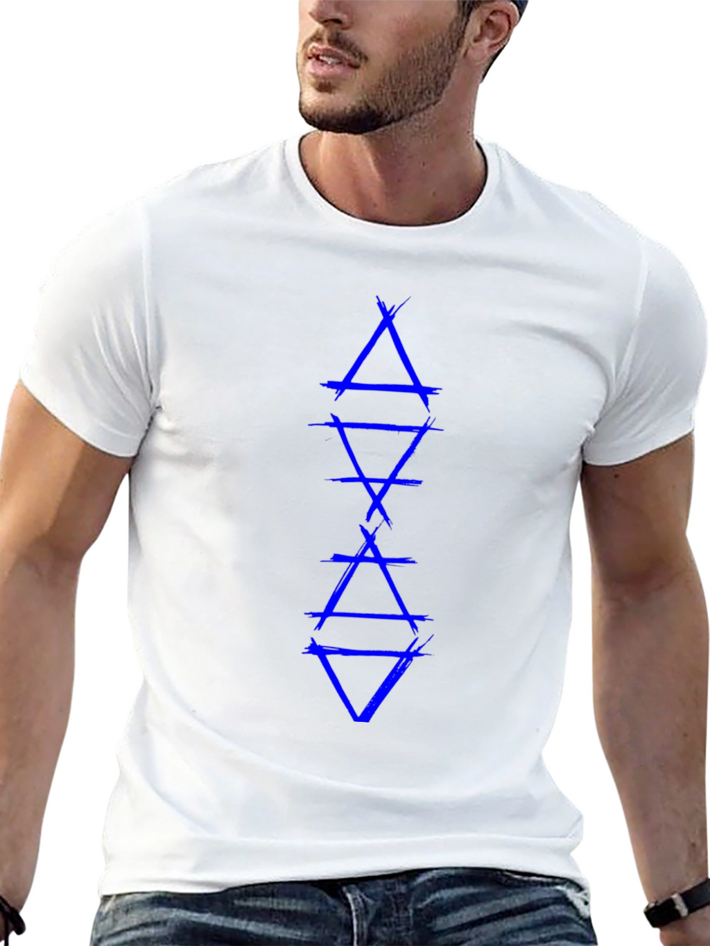 Geometric Triangle Graphic Tee - Blue Design on Black