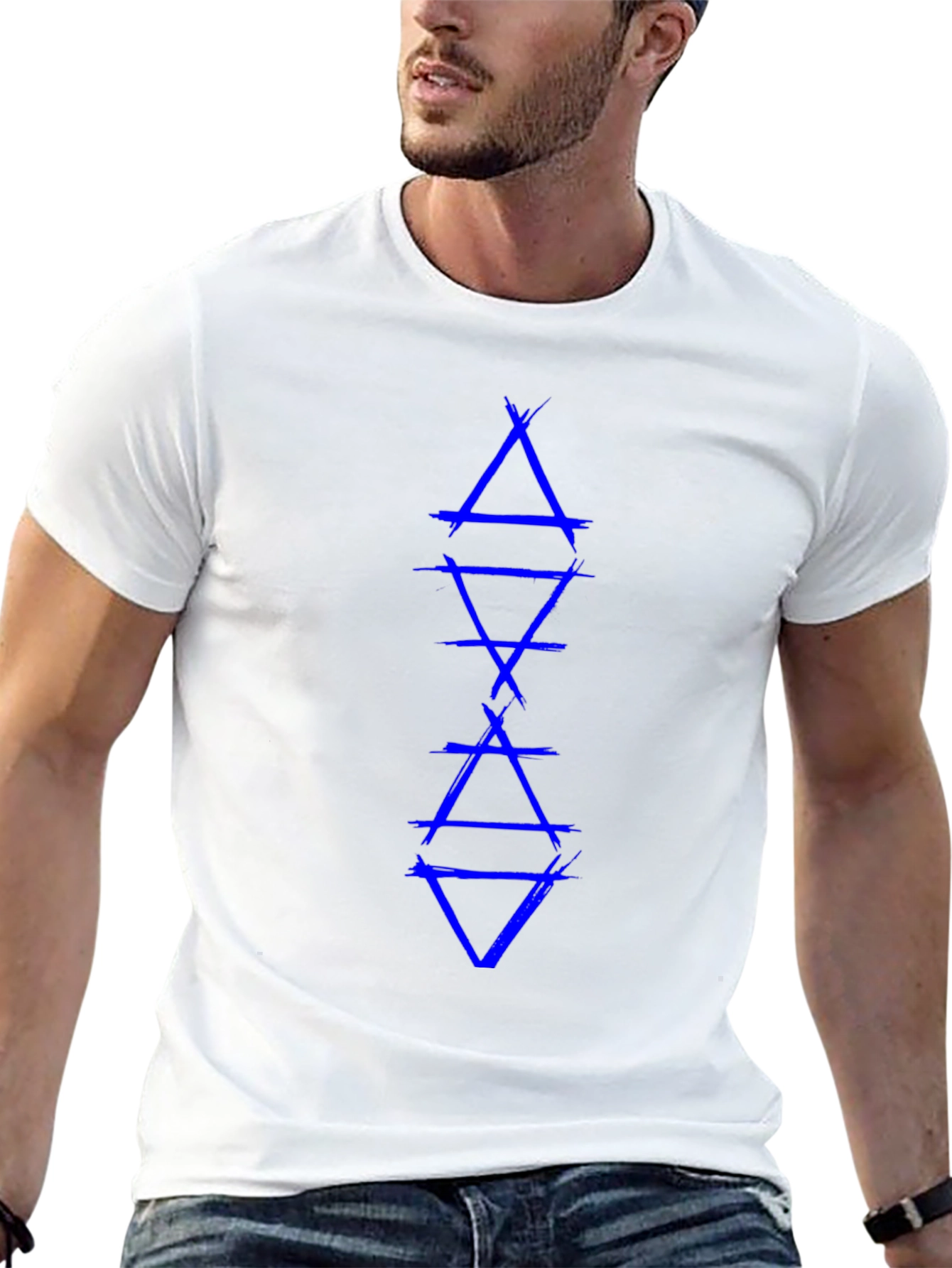 Geometric Triangle Graphic Tee - Blue Design on Black