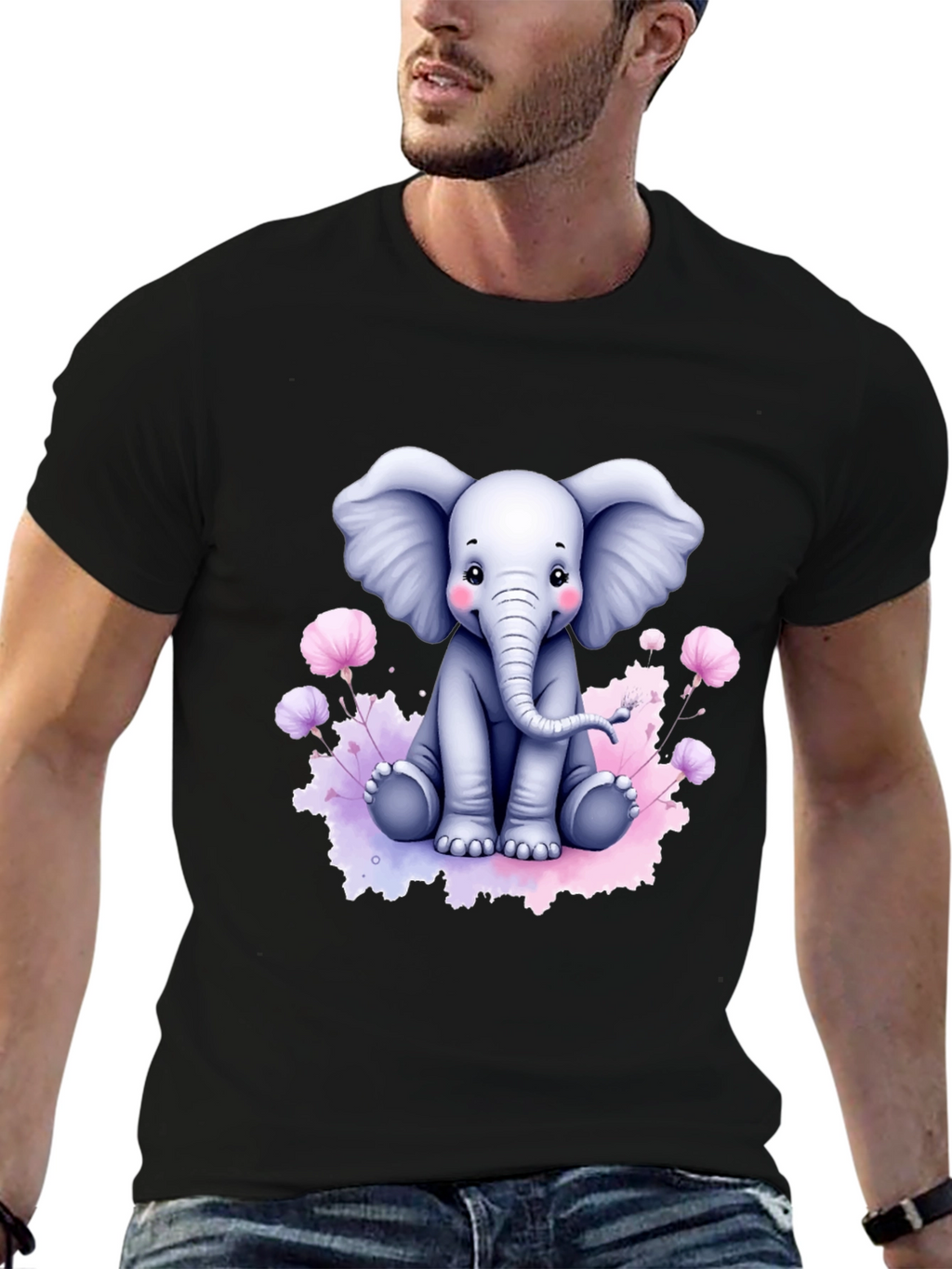 Cute Elephant Graphic Tee - Black Cotton T-Shirt