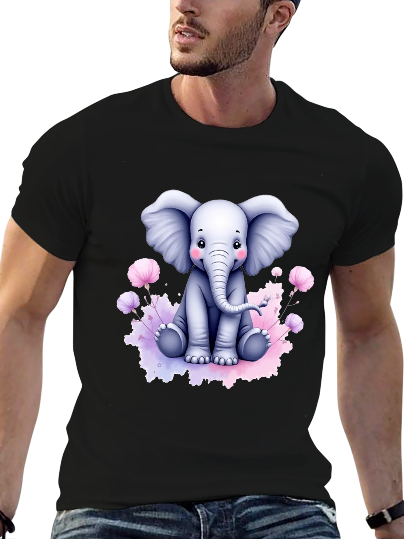 Cute Elephant Graphic Tee - Black Cotton T-Shirt