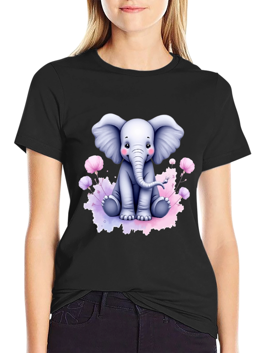 Cute Elephant Graphic Tee - Black Cotton T-Shirt