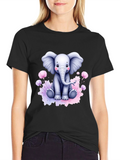 Cute Elephant Graphic Tee - Black Cotton T-Shirt