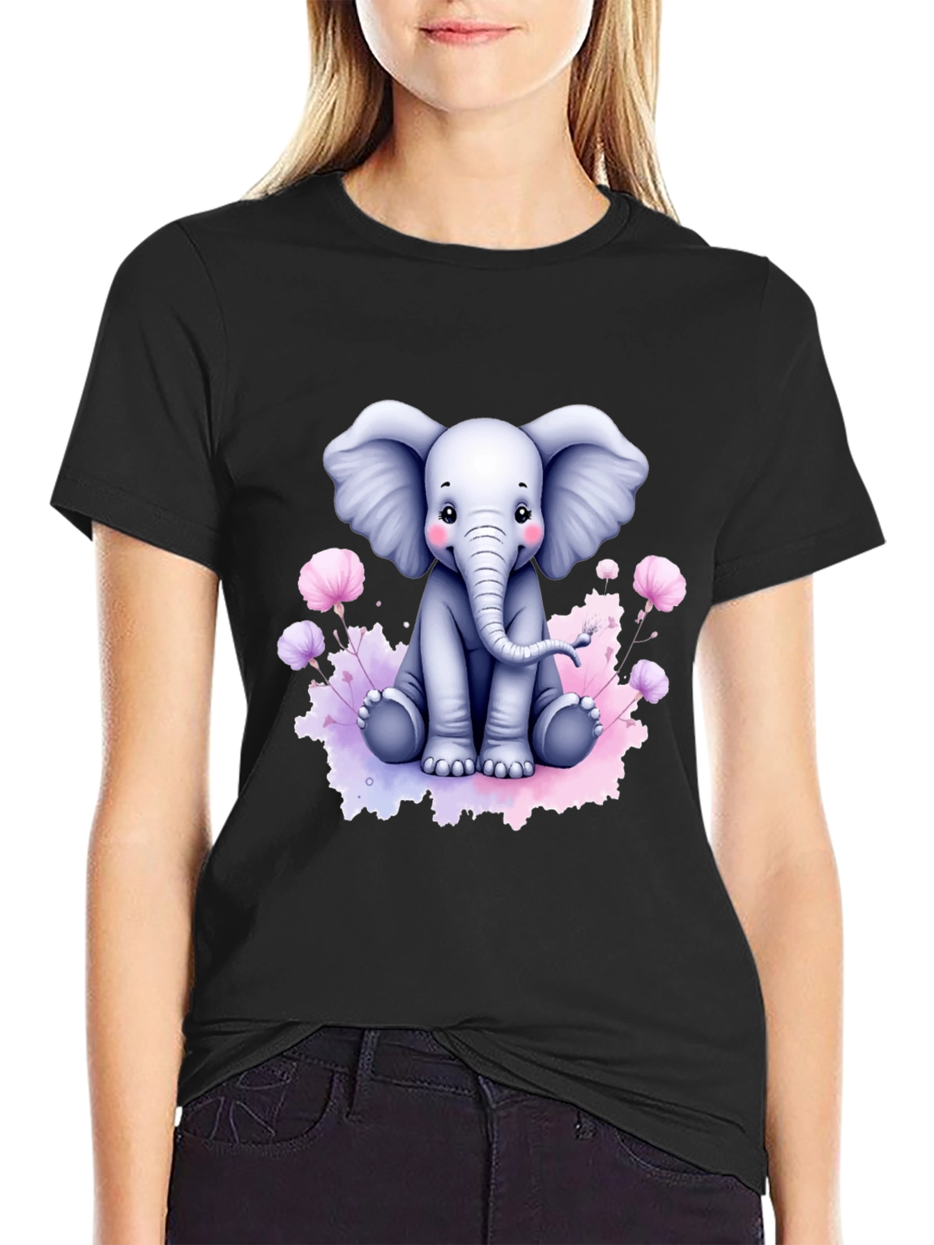 Cute Elephant Graphic Tee - Black Cotton T-Shirt