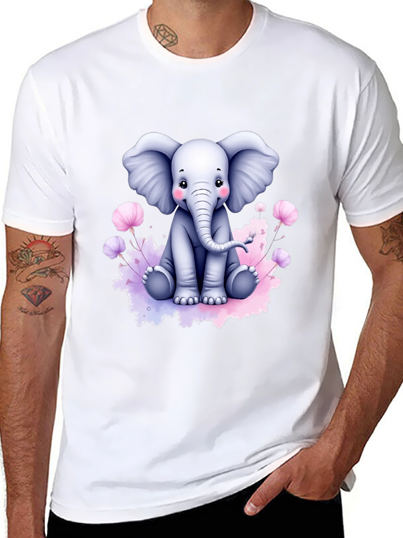Cute Elephant Graphic Tee - Black Cotton T-Shirt