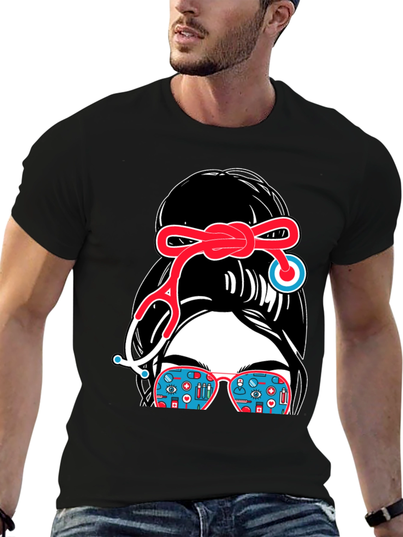 Nurse Messy Bun Stethoscope T-Shirt