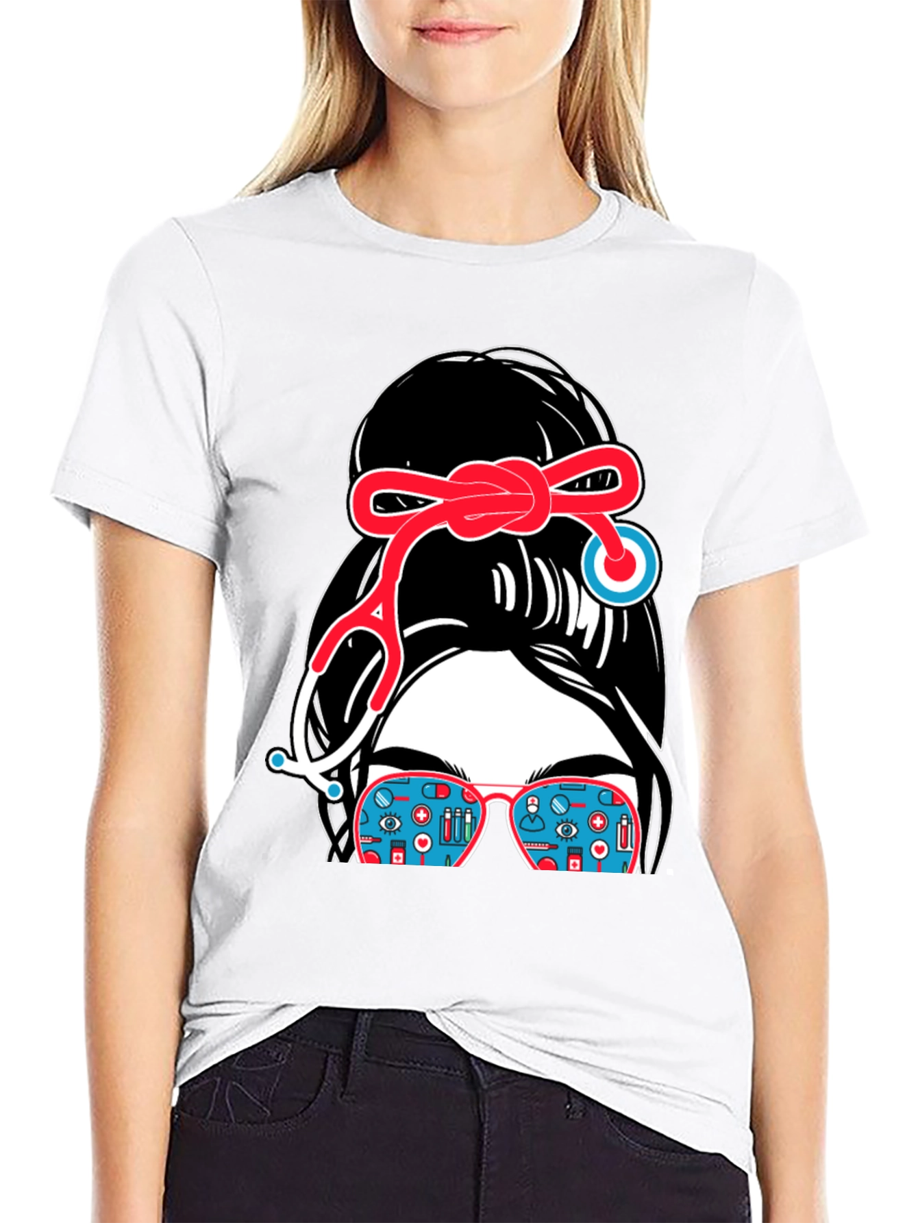 Nurse Messy Bun Stethoscope T-Shirt