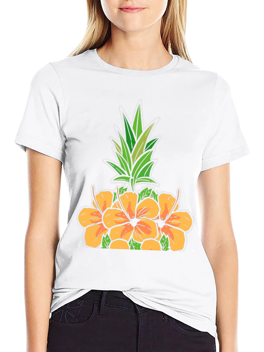 Floral Pineapple Graphic Tee - Black Cotton Shirt