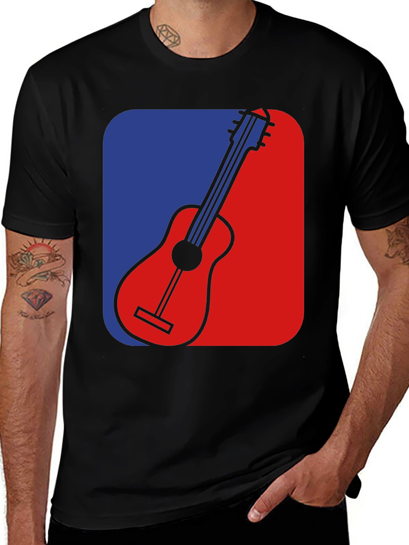 Guitar Graphic Tee - Blue & Red Design Black T-Shirt