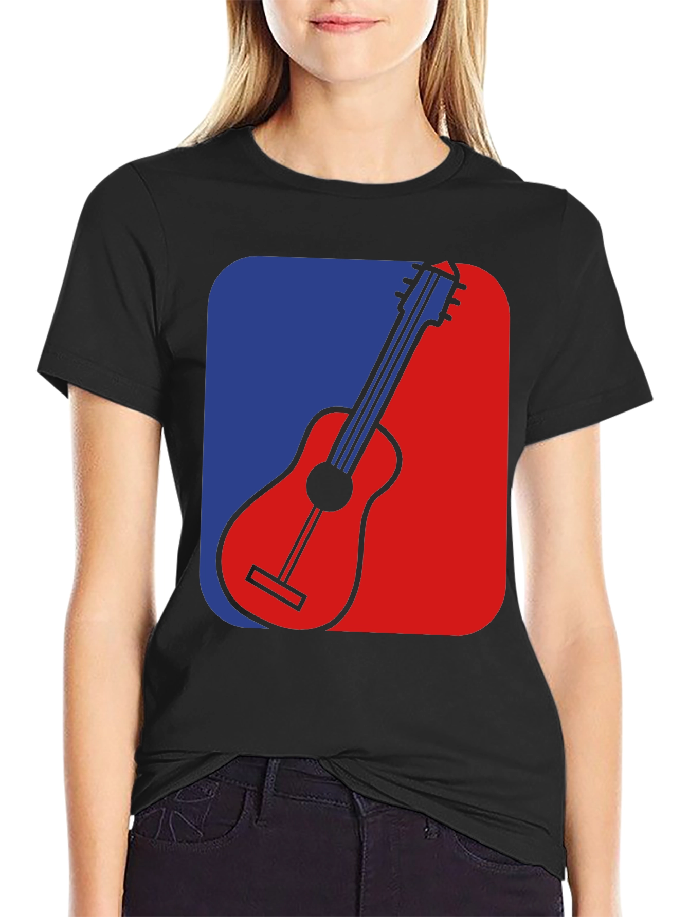 Guitar Graphic Tee - Blue & Red Design Black T-Shirt
